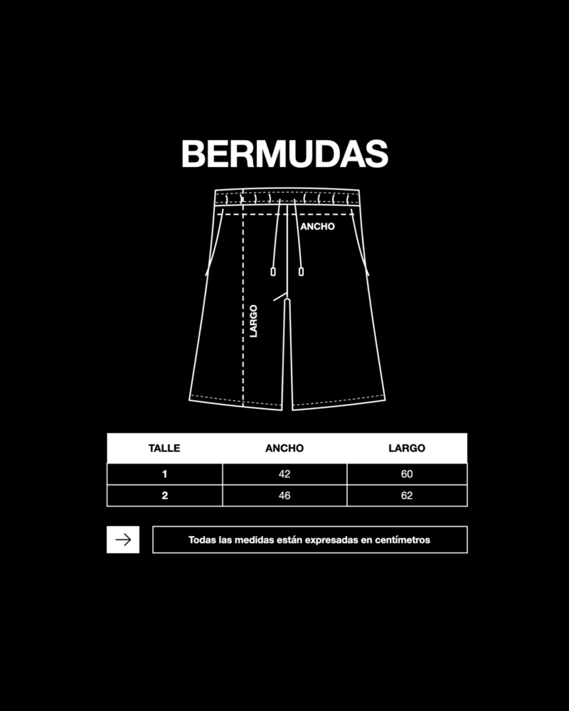 Tabla de talles bermudas OSDI: Talle 1 42x60, Talle 2 46x62 cm