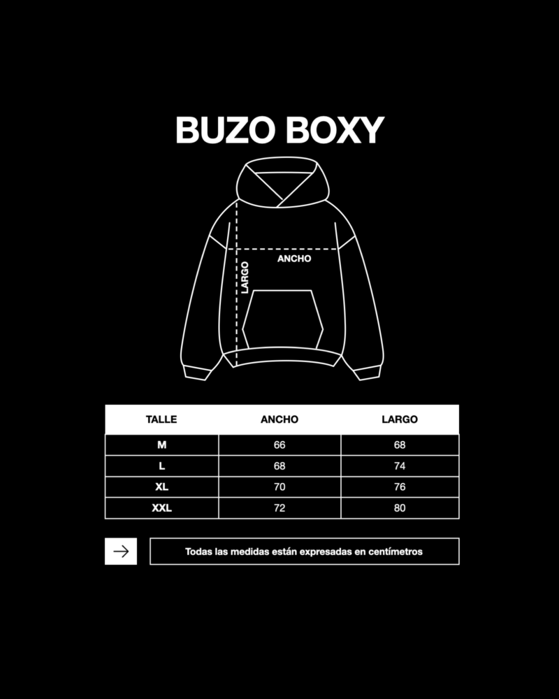 Tabla de talles buzo boxy OSDI: M 66x68, L 68x74, XL 70x76, XXL 72x80 cm