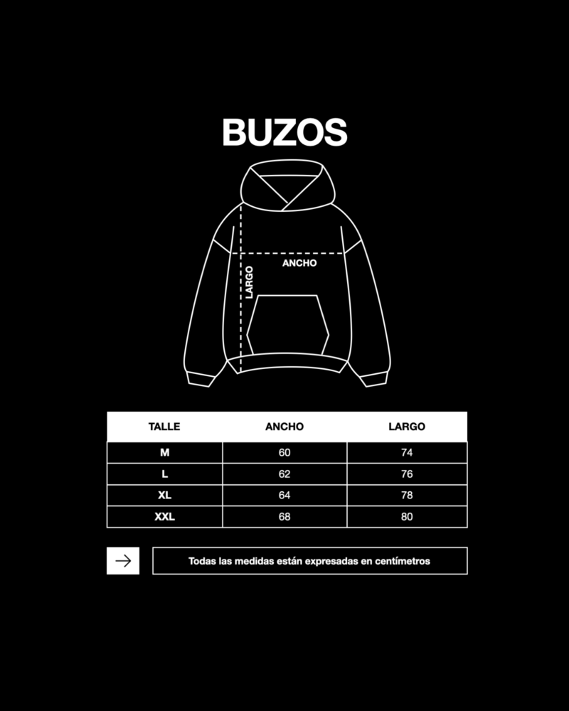Tabla de talles buzos OSDI: M 60x74, L 62x76, XL 64x78, XXL 68x80 cm