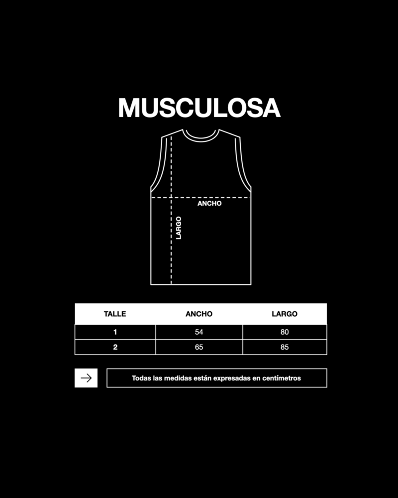 Tabla de talles musculosa OSDI: Talle 1 54x80, Talle 2 65x85 cm