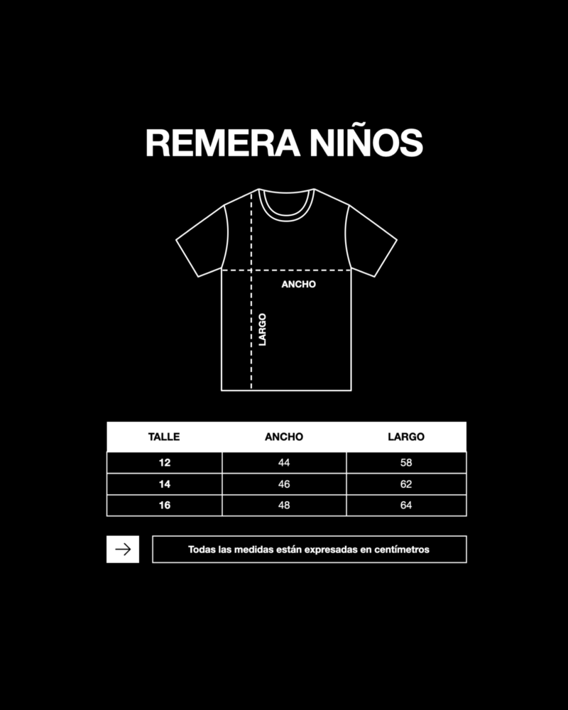 Tabla de talles remera niños OSDI: 12 44x58, 14 46x62, 16 48x64 cm