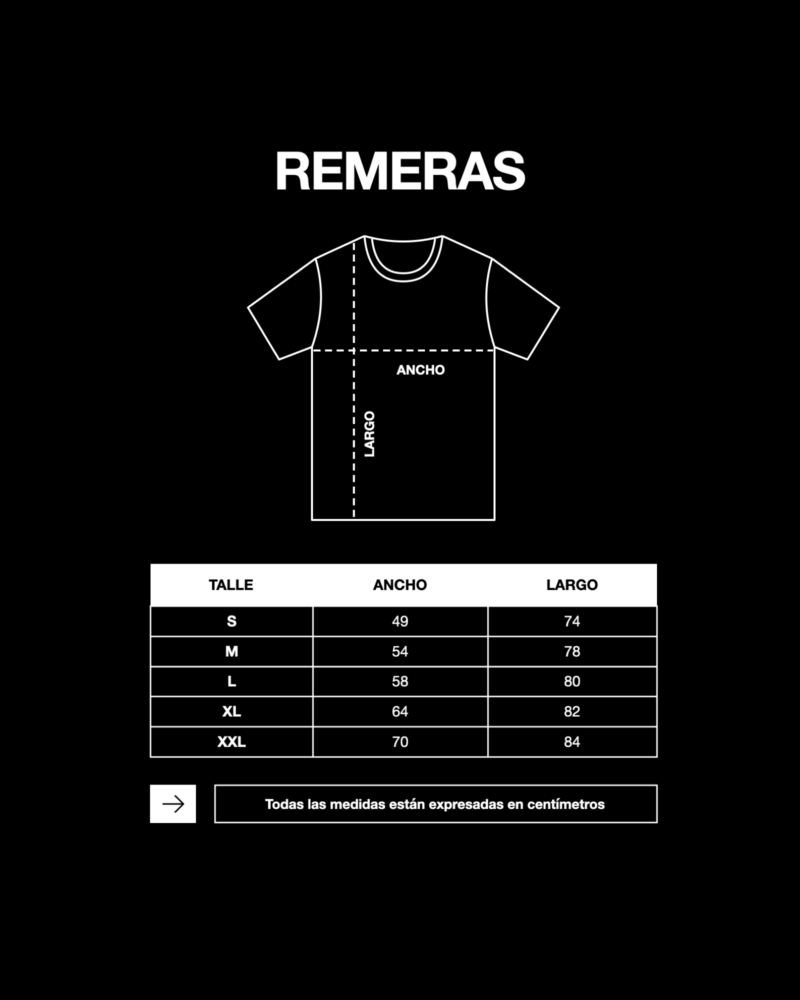 Tabla de talles remeras OSDI: S 49x74, M 54x78, L 58x80, XL 64x82, XXL 70x84 cm